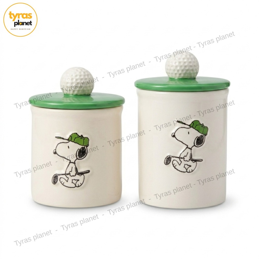 2x Rae Dunn Peanuts Snoopy Golf TEE TIME Canister With Golf Ball Topper